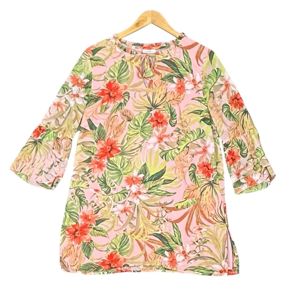 J. Jill Blouse Womens Small Pink Tropical Floral Chiffon Lined Boho Tunic Top